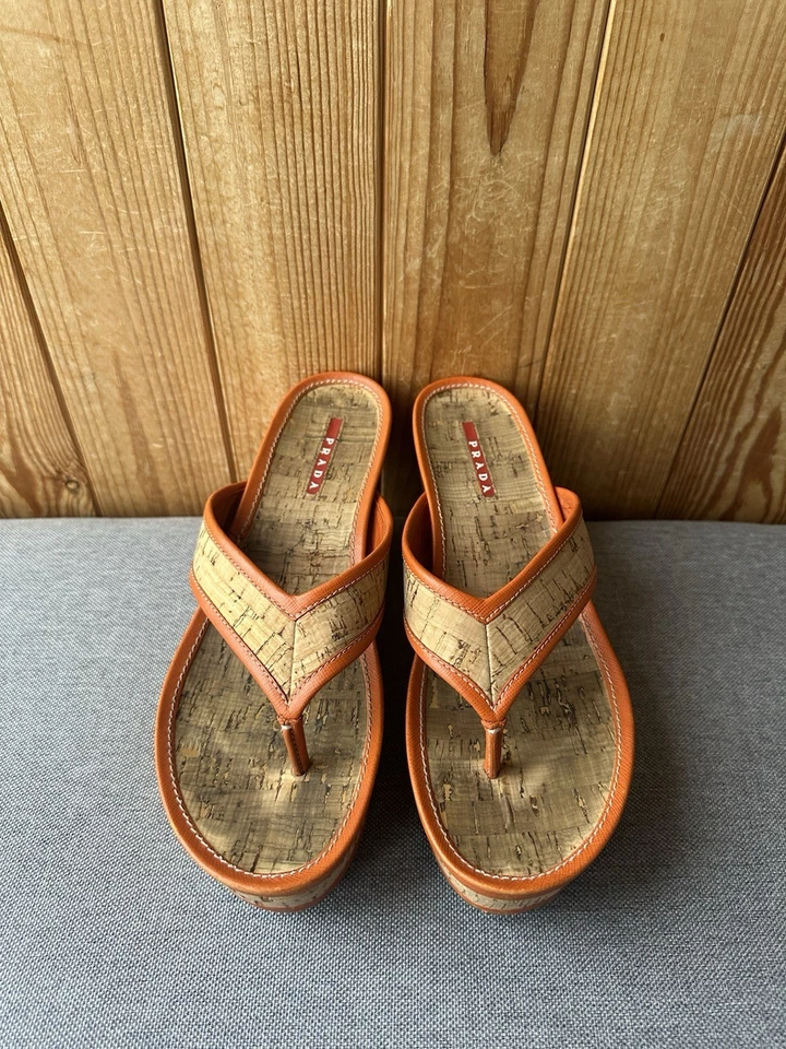 PRADA Platform Wedges Sandals Women's Orange Patent Heels Shoes Size 39.5 US 9.5 - Image 2 of 4