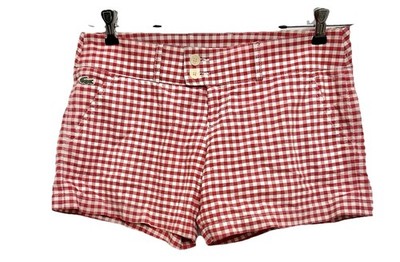 Lacoste Women s Red Gingham Check Cotton Chino Shorts Low Rise 4 ins.  Size 4