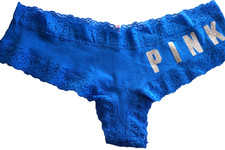 .VTG VICTORIA'S SECRET PINK COTTON LACE CHEEKSTER TANGA PANTY LOGO WAISTBAND L