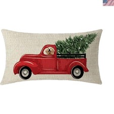 Luxurious Christmas Themed Pillow Cover - 18x18 Cotton Linen with Truck and Dog