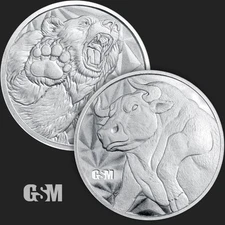 BULL AND BEAR MARKET BU 1/4 oz .999 FINE Silver Bullion Round GSM Wall Street