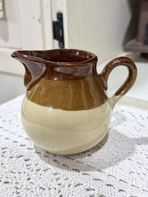 Vintage Stoneware Milk Cream Pitcher, Small, Three Tone Brown, 3.5 