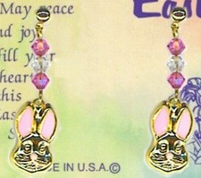 Easter Bunny Drop Earrings With 6 Pink & Clear Crystal Stones, Made in USA, NEW