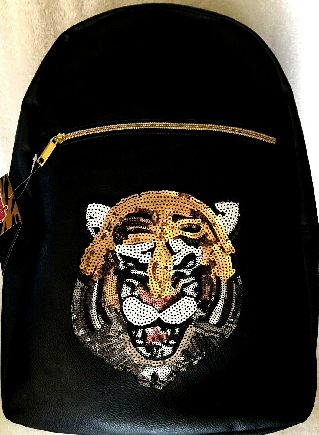 Lightweight Sequin Tiger Black Backpack Laptop Carry School Travel Bag 