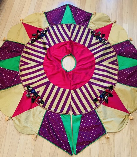 Mackenzie Childs Marzipan Gold Christmas Tree Skirt XL 72" Silk Velvet Flowers
