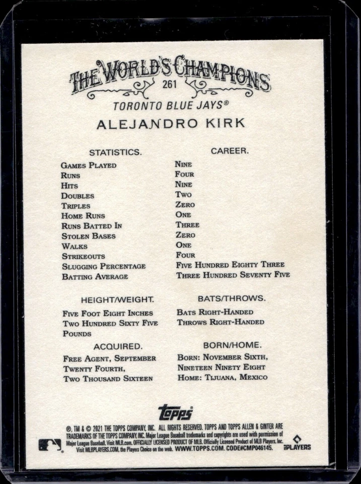 Alejandro Kirk 2021 Topps Allen & Ginter - #261 RC - Toronto Blue Jays - Image 2 of 2