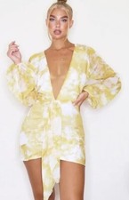 NWT PRETTYLITTLETHING Chartreuse Tie Dye Chiffon Long Sleeve Sexy Dress Sz 2