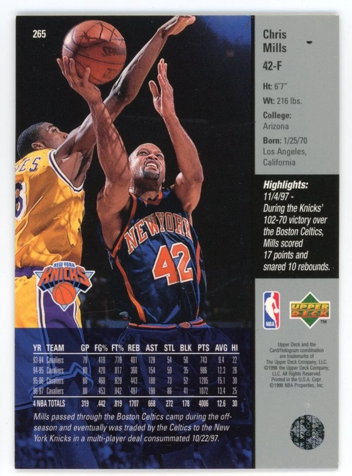 1997-98 Upper Deck New York Knicks Basketball Card #265 Chris Mills - Image 2 of 2