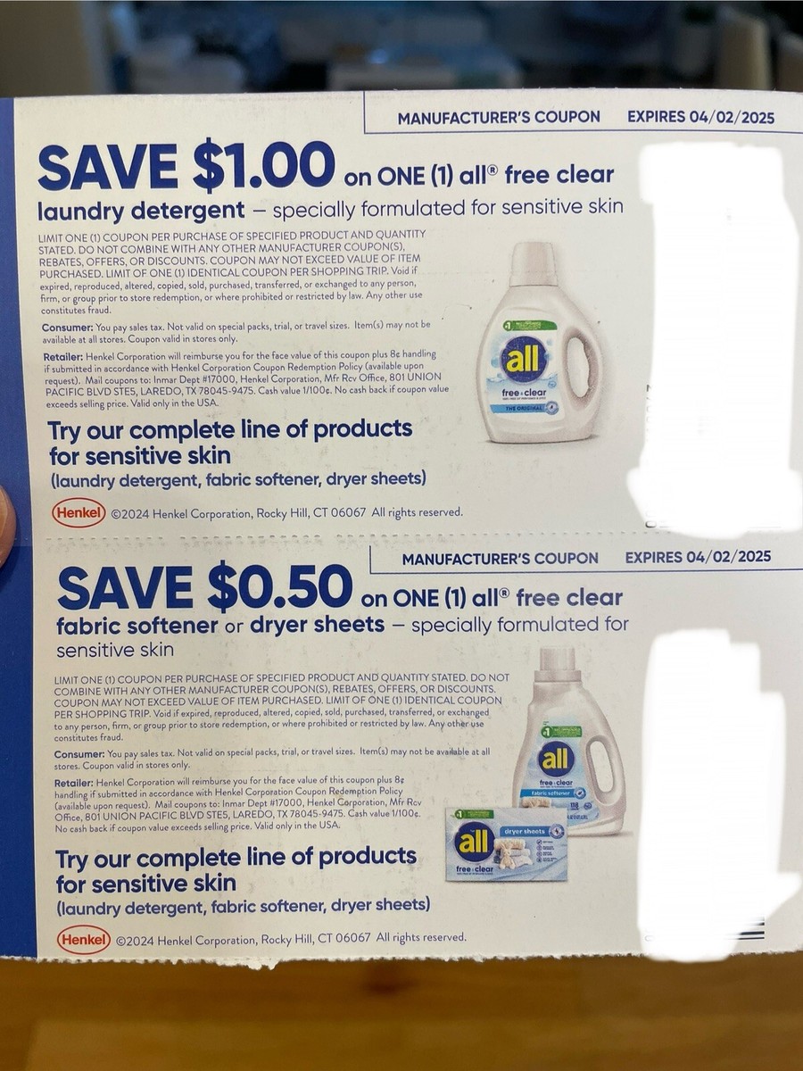 All Clear Laundry Detergent & Fabric Softener Dryer Sheets Coupons X 4 | eBay april-15-2014-kates-korner