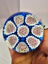Murano Style Art Glass Millefiori Paperweight w Turquoise White Red heavy- A10