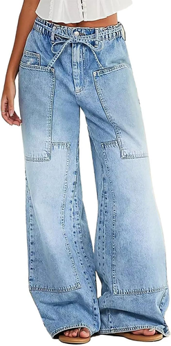 Wide Leg Jeans for Women Drawsting Mid Waist Baggy Jeans Belted Wash Stitch Deta
