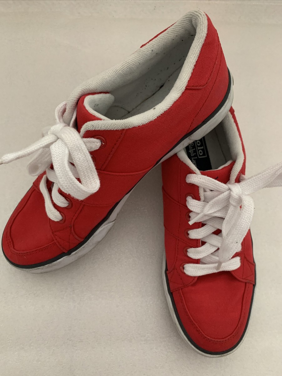 POLO by Ralph Lauren Mens Red Canvas Sneakers Shoes Blue Logo White Sole Sz 