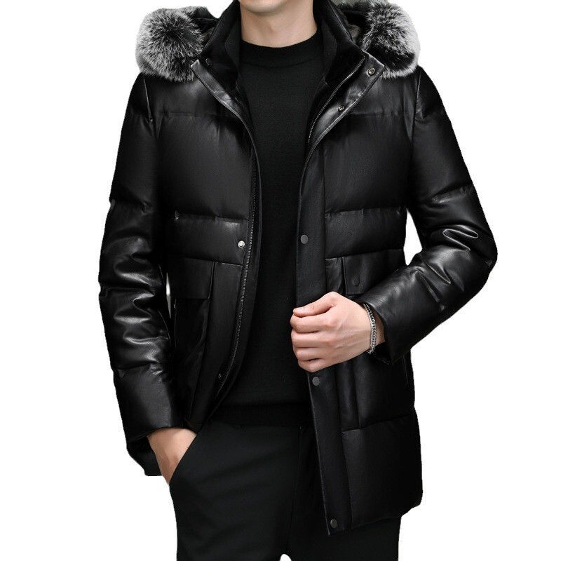 Leather Down Jacket Mens Mid-length Hooded Sheepskin Coat Fox Fur