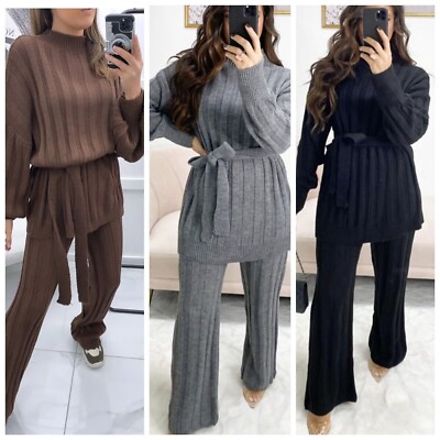 Women's High Neck Chunky Knit Loungewear Set Tie Waist Cozy Tracksuit  jumper New UK - Main Image