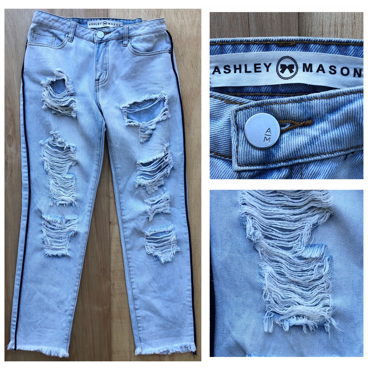 ASHLEY MASON Women's Destructed Light Wash Low Rise Frayed