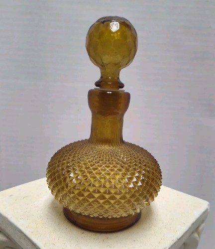 Empoli Italian Glass Decanter Diamond Point Cut Amber Glass Quart Vintage - Picture 2 of 13