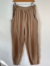 VTG FAT HAT HIPPY BOHO TAN WOVEN SILK GAUZE PLEATED LEG TAPERED HAREM PANTS XS
