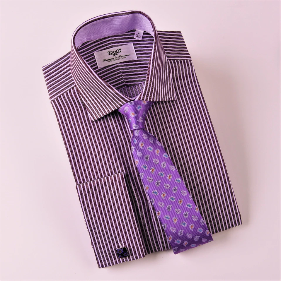 Мужская фиолетовая саржа в елочку для официальных приемов деловое платье рубашка египетский хлопок ткань - Изображение 3 из 4