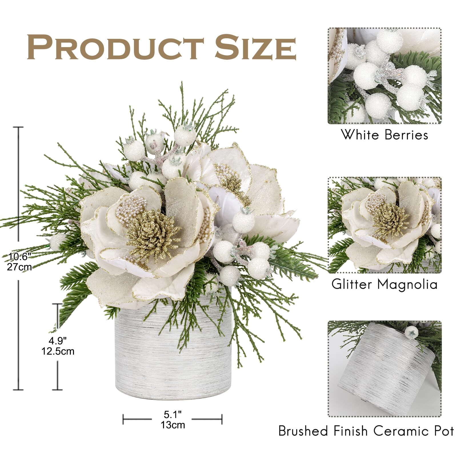12 inch White Christmas Table Centerpiece 5" Glitter Magnolia Flower and Whit...