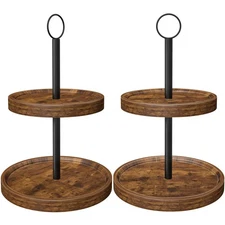 2 Pack Tiered Tray Stand, Rustic Wooden Two Tier Decorative Tray with Metal H...