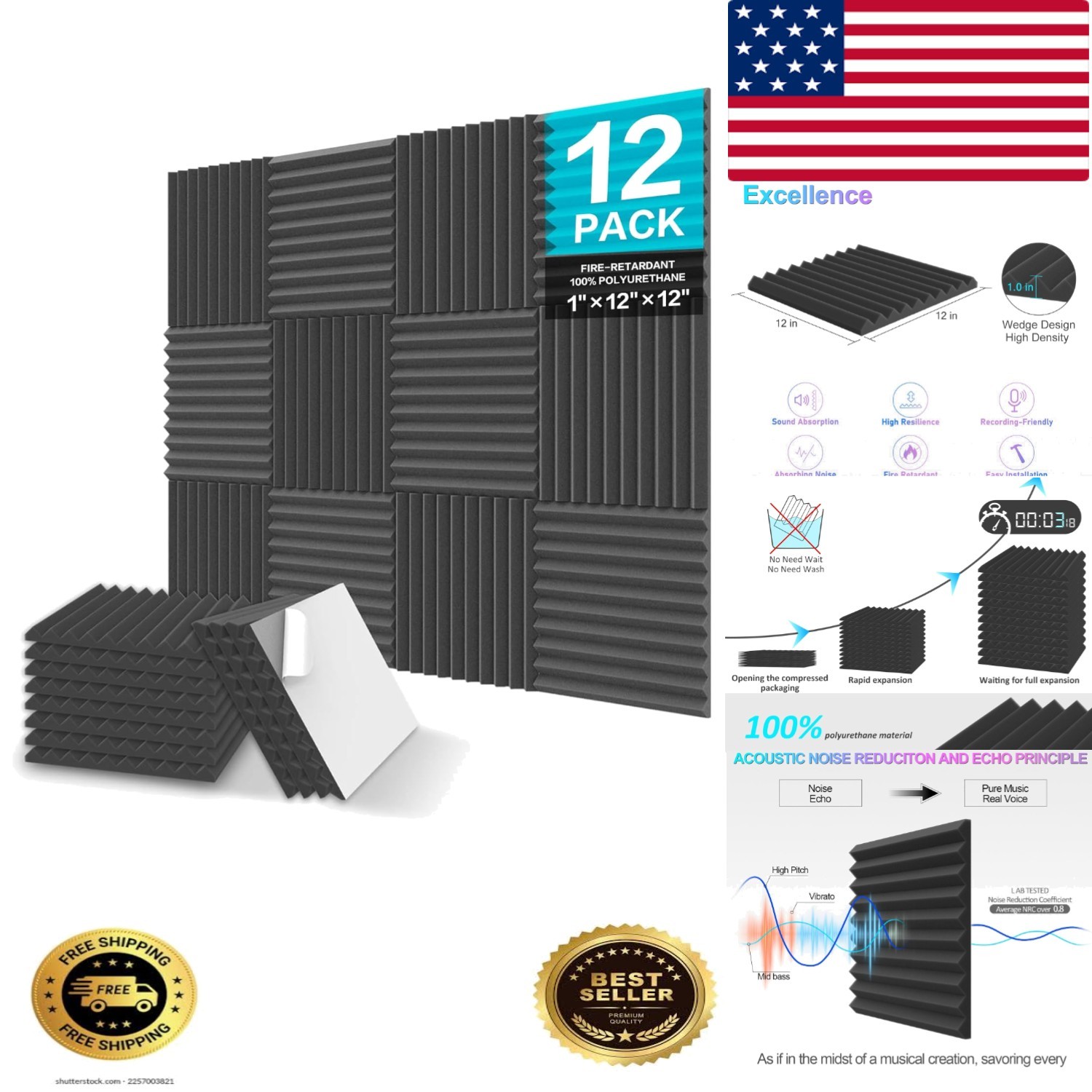 12 Pack Self-Adhesive Acoustic Foam Panels for Superior Soundproofing - Black