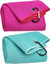 2 Pack Tri-Fold Microfiber Towels Set with Carabiner Clip - Waffle Pattern Golf