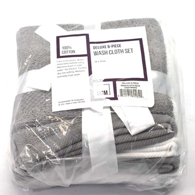 OCM Deluxe 6 Piece Washcloth Set 100% Cotton Gray/White Bathware 13'' x 13''