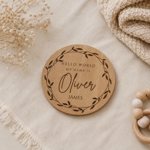 Personalised Baby Name Plaque Wooden Nursery Birth Announcement Disc Gift