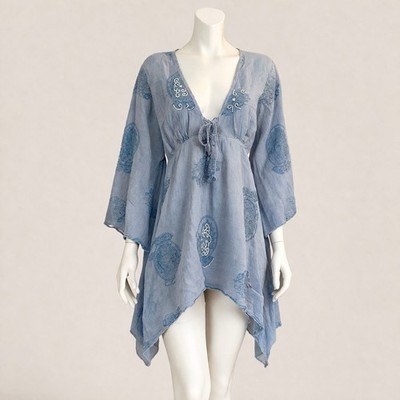 Sacred Threads Light Blue Embroidered Women's Swim Cover-Up Tunic Large