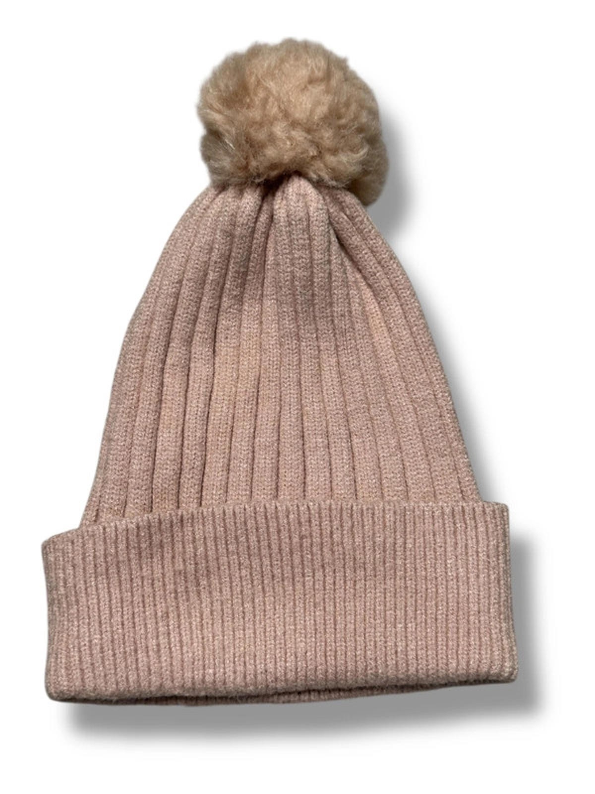 Primark Pink Ribbed Knit Beanie Hat One Size Faux Fur Pom Pom Winter Warm Soft