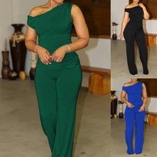 Womens 2Pcs Outfits Tracksuit One Shoulder Short Sleeve Wide Leg Long Pant Sets