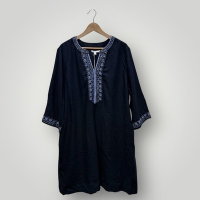 Chico's Navy Blue 100% Linen Embroidered Beaded Tunic Dress Size 4 US 20 NEW