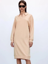 Zara 100% Cotton Knit Polo Midi Dress Neutral Minimalist Capsule Beige Small