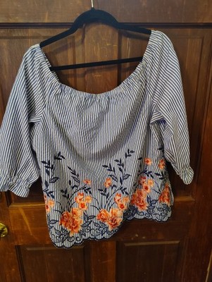 Elle Floral Off The Shoulder Blouse Blue White Stripe Size XXL