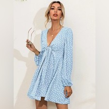 SHEIN Blue White Vintage Style Ditsy Floral Tie Front A-Line Dress S 4