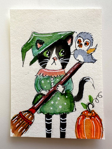ACEO OOAK Miniature Watercolor Painting 2x3" Cat Witch Broom w/ Owl 2011