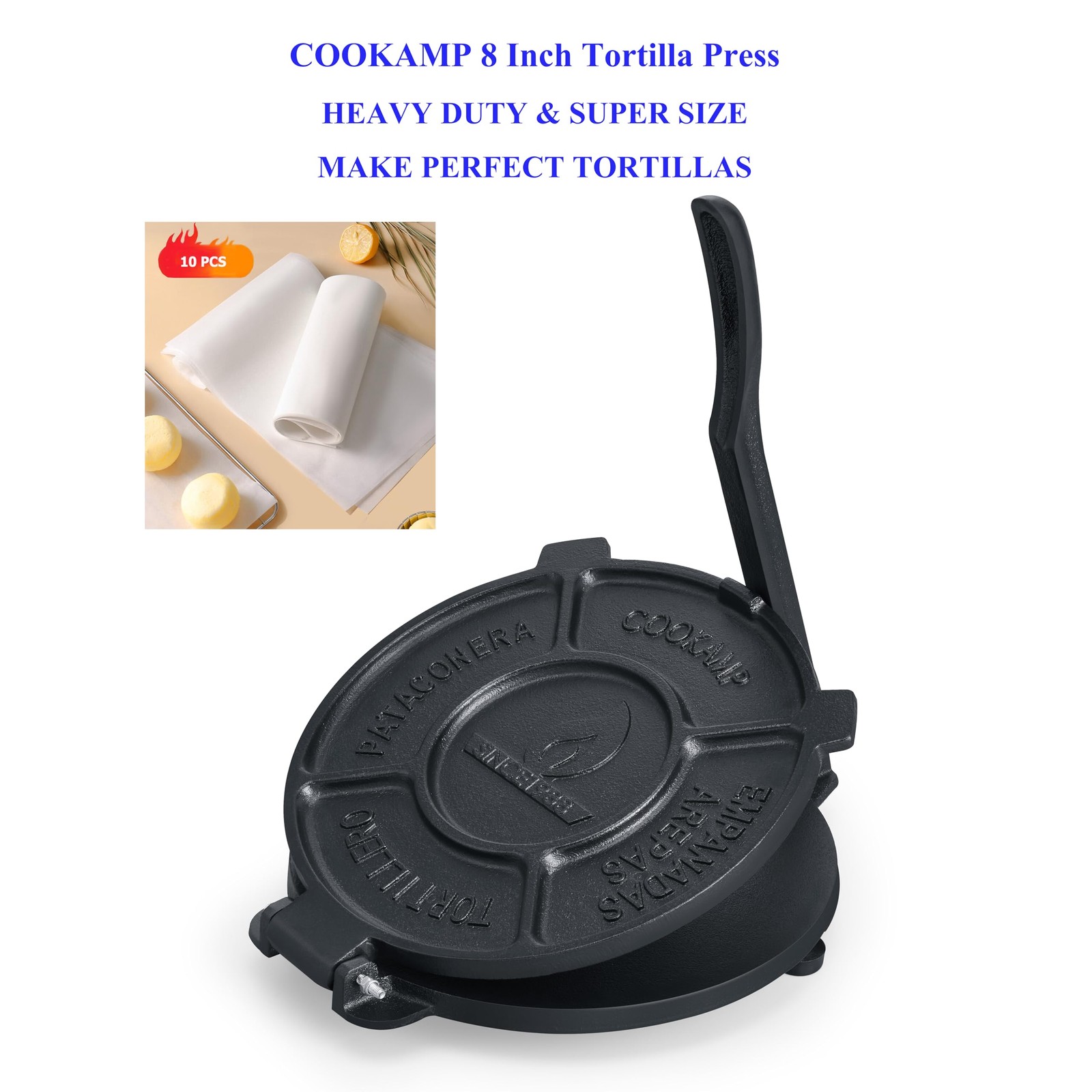 COOKAMP 8 Inch Cast Iron Tortilla Press,Tortilla Maker,Heavy Duty Tortillera ...