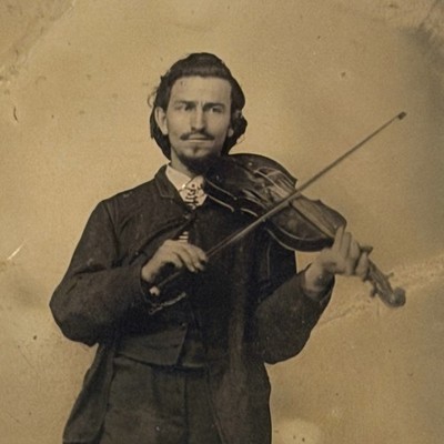 1870s Tintype Photo Man Playing Violin With Bow Musician Full Length Portrait