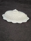 VTG Fenton White Milk Glass Hobnail Oval Covered Butter Dish Scallop Edges #3777
