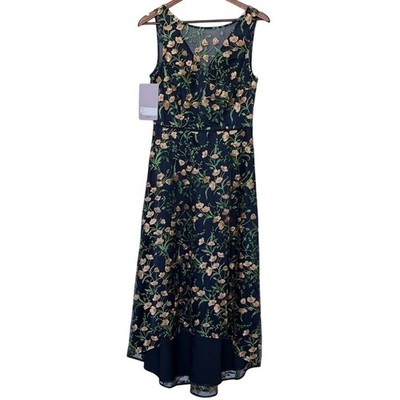 JS Collections Embroidered Floral Mesh Midi Dress Navy Gold Formal Size 6 NWT