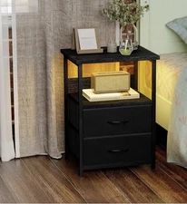 End Side Table Charging Station Black Nightstand W/2 Fabric Drawers USB Ports