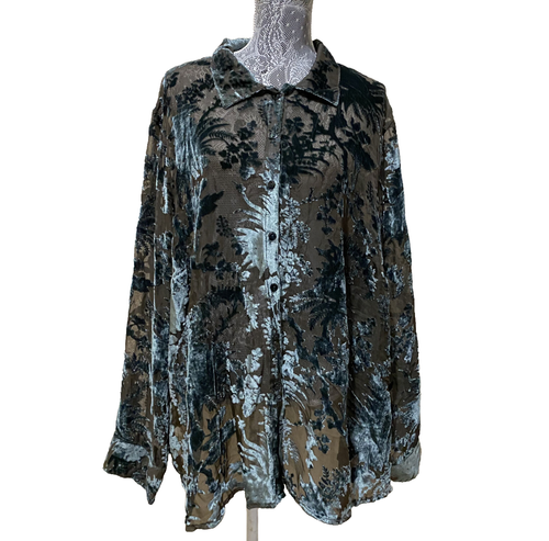Avenue Bluse transparent Samt Burnout grün L/S Tunika Top Damen Übergröße 30/32 neu mit Etikett