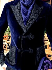 Blue Velvet Smoking Jacket Men Vintage Peak Lapel Smoking Jacket Costume Made