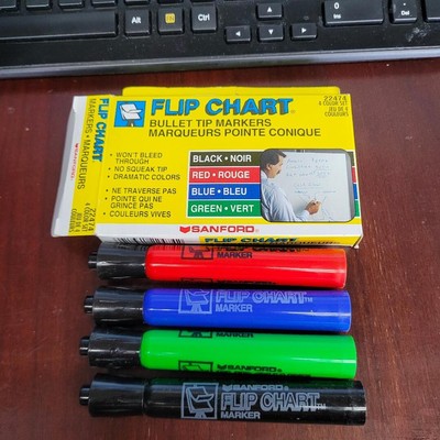 Sanford - 4 Flip chart bullet tip markers black, red, blue & green NEW Open Box