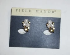 Field Manor Faux Pearl Cluster Gold Swirl Rhinestone Clip Earrings- New, Signed