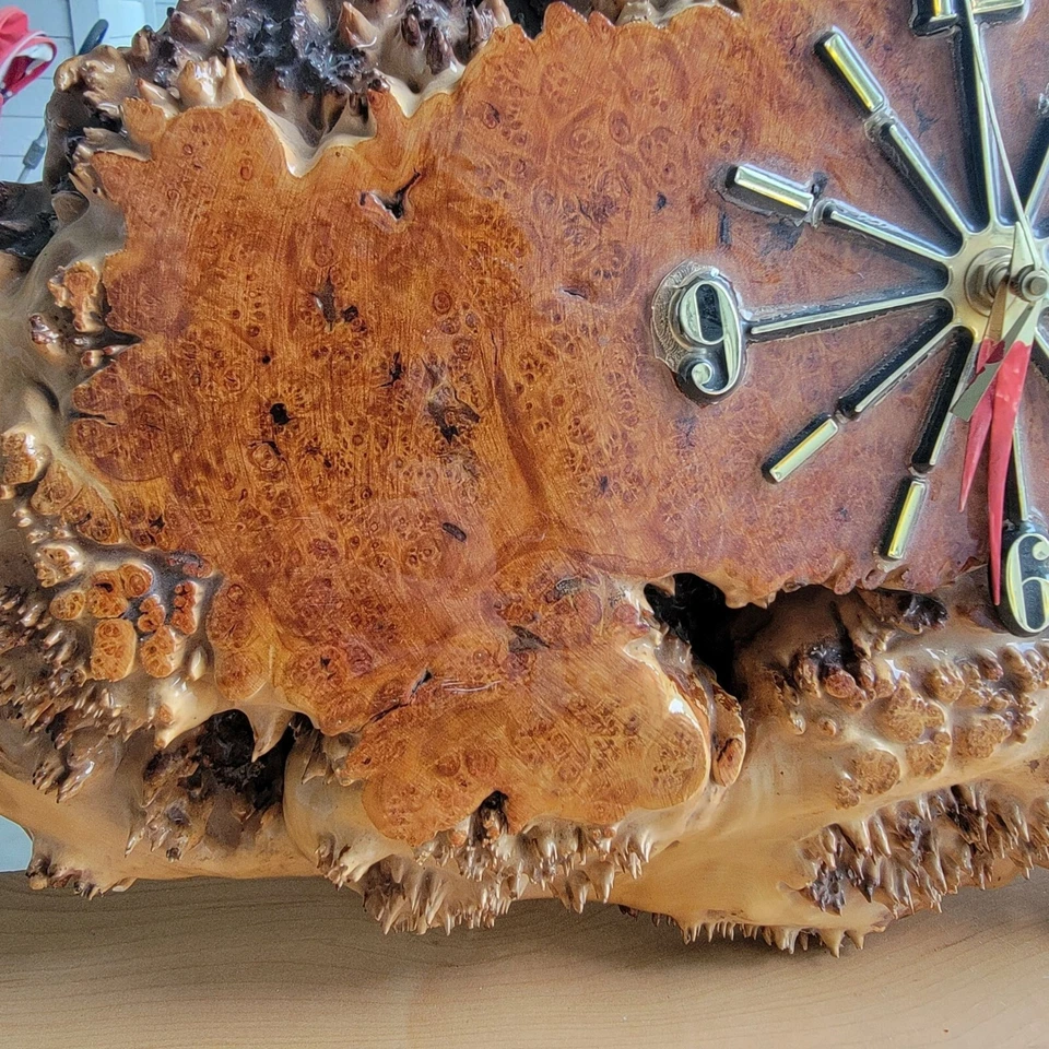 Natural Burl Wood Wall Clock With Brass Accents & Unique Grain Design - Image 2 of 4