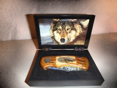 Wild Outdoors Wolf Folding Knife Comes With Collectors Case 7'' Stainless graphic