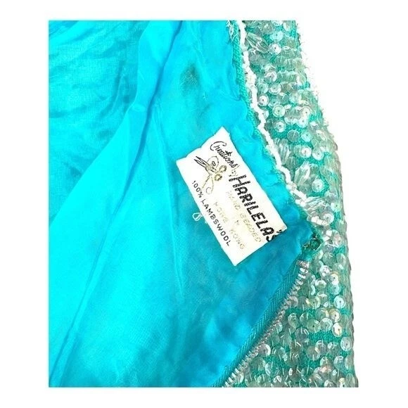 Creations by Harilela’s Hand Beaded Lambs Wool Blue Tank Shell Vintage Lantejoulas - Imagem 3 de 4