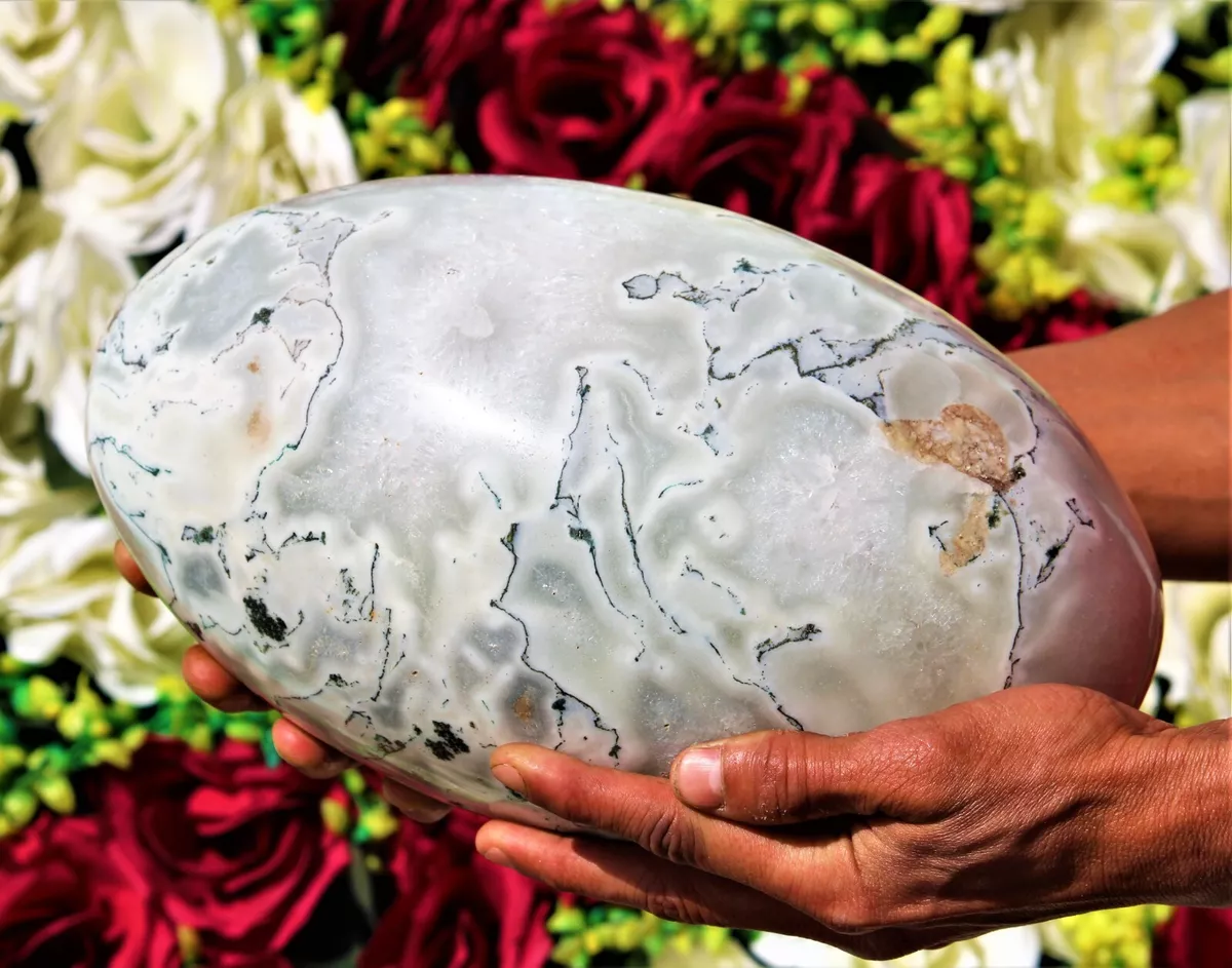 Huge 285MM Natural White Moss Agate Chakra Stone Metaphysical