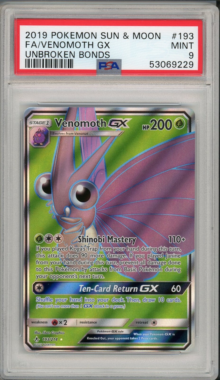 2019 Pokemon Sun & Moon Unbroken Bonds Venomoth GX Full Art #193 PSA 9